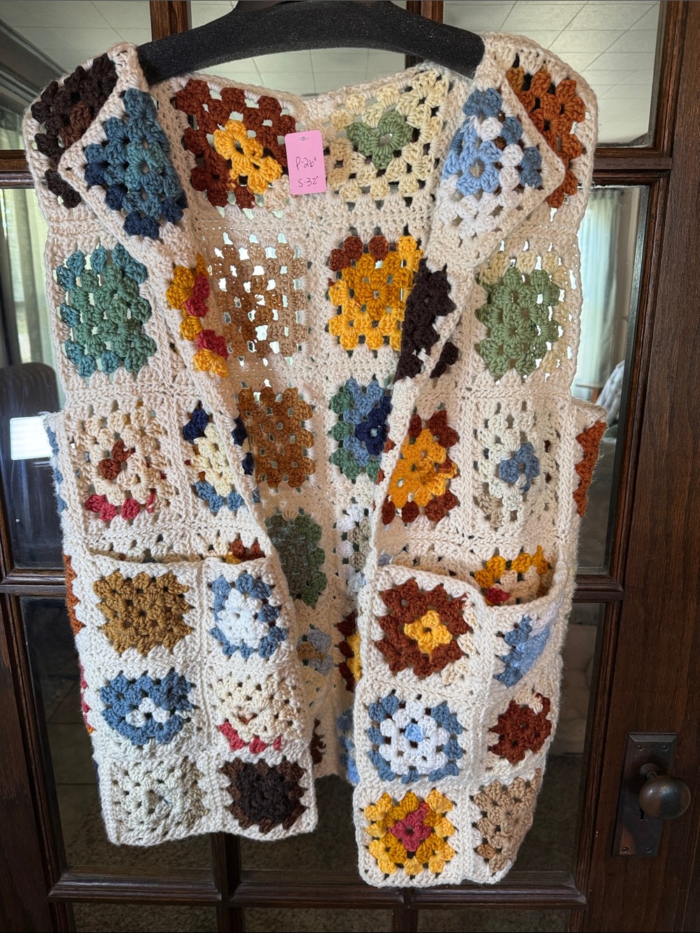 Cream Crochet Granny Square Cardigan Vest with Multi-Color Accents